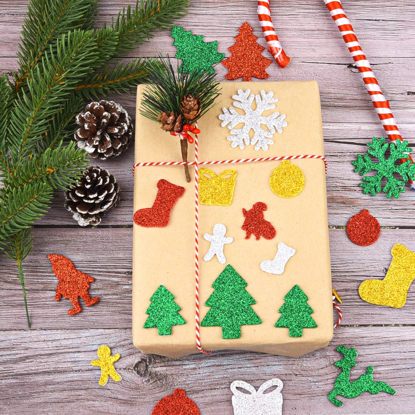 Livder 300 Pieces Christmas Glitter Foam Stickers Self Adhesive Snowflake Santa Bell Sticker for Xmas Gift Box Bag, Tree, Greeting Cards DIY Decoration (Pack of 2)