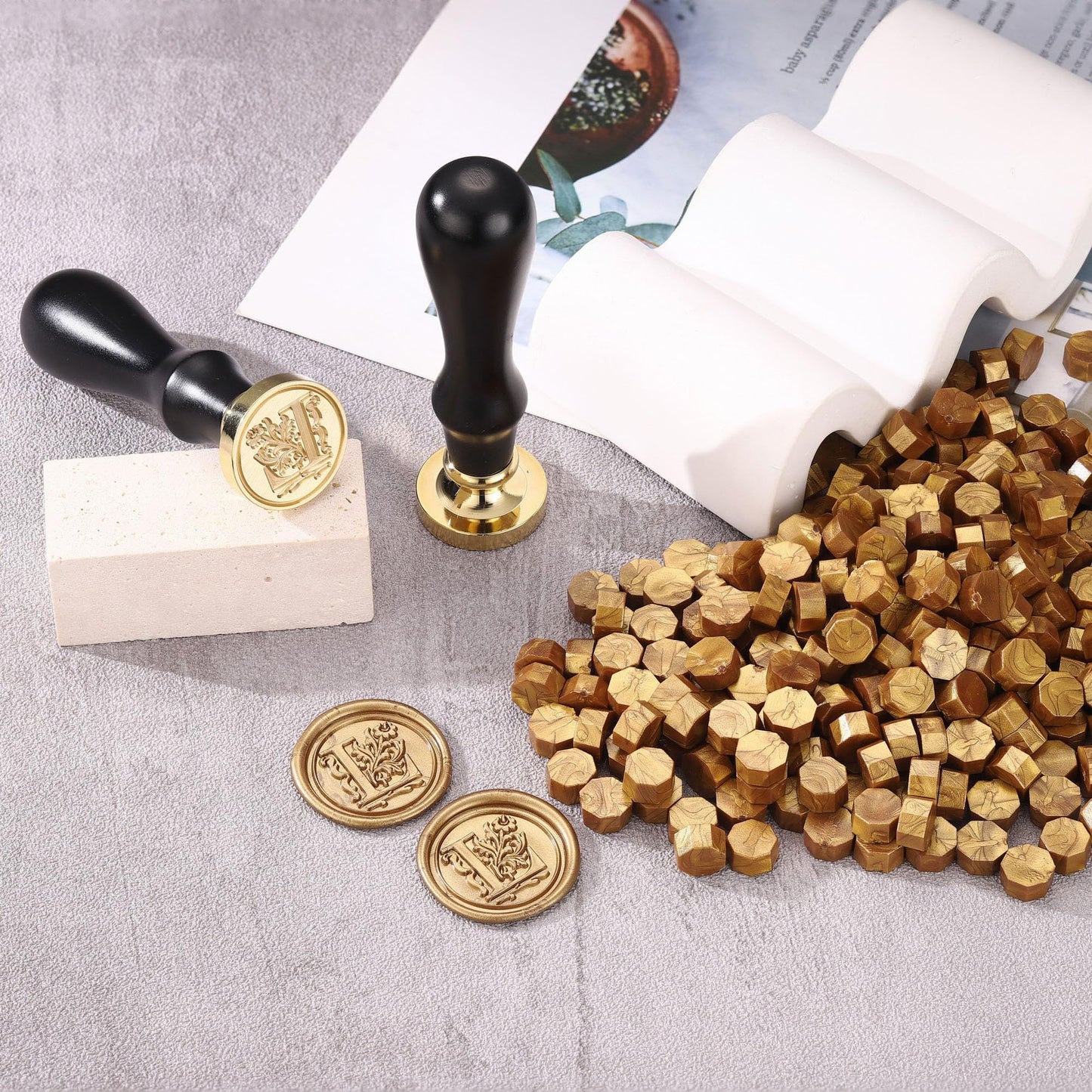 Yoption Traditional Initial Alphabet Wax Seal Stamp with 120 Antique Gold Wax Seal Beads Kit for Wedding Engagement Party Invitation Envelope Christmas Gift Wrap - Letter L