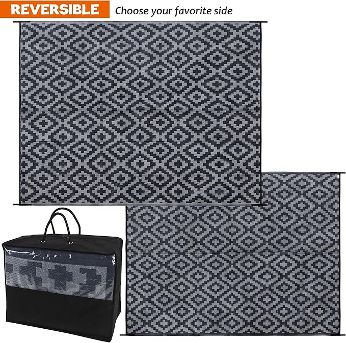 SAND MINE Waterproof Outdoor Rug 8x10 ft, Plastic Reversible Rug, Modern Area Rug, Large Floor Mat for Outdoors, RV, Patio, Backyard, Deck, Picnic, Beach, Camping (8' x 10', Black Grey Lattice)