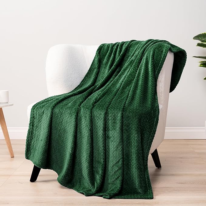 PAVILIA Soft Fleece Forest Green Throw Blanket for Couch, Lightweight Plush Warm Blankets for Bed, Fuzzy Cozy Flannel Blanket Throw for Sofa, Travel, Jacquard Pattern, Emerald Green, Twin, 60x80 inch
