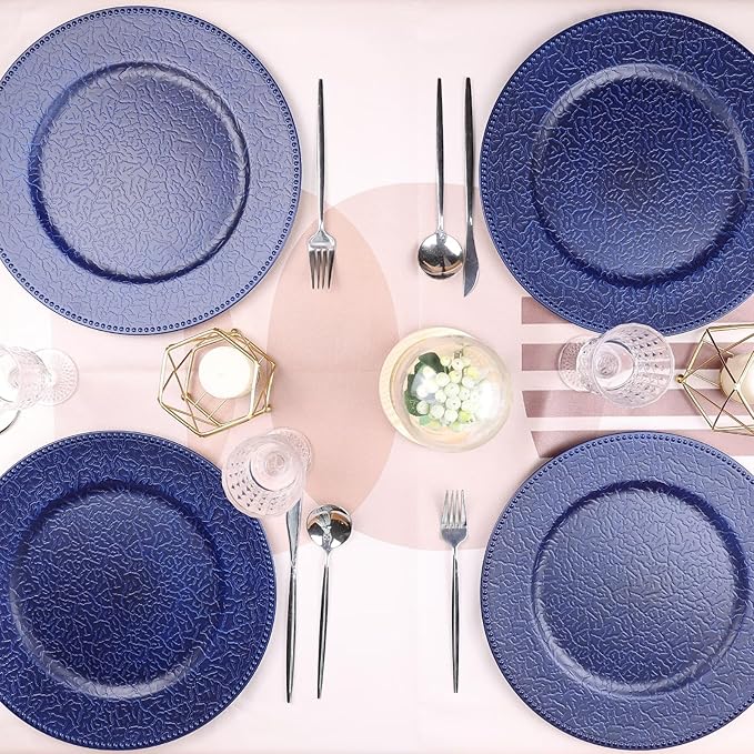 Navy Blue Chargers for Dinner Plates with Beaded Rims, Set of 12 Plastic Bulk Wedding Charger Plates for Thanksgiving, Christmas, Holiday Party Table Setting.