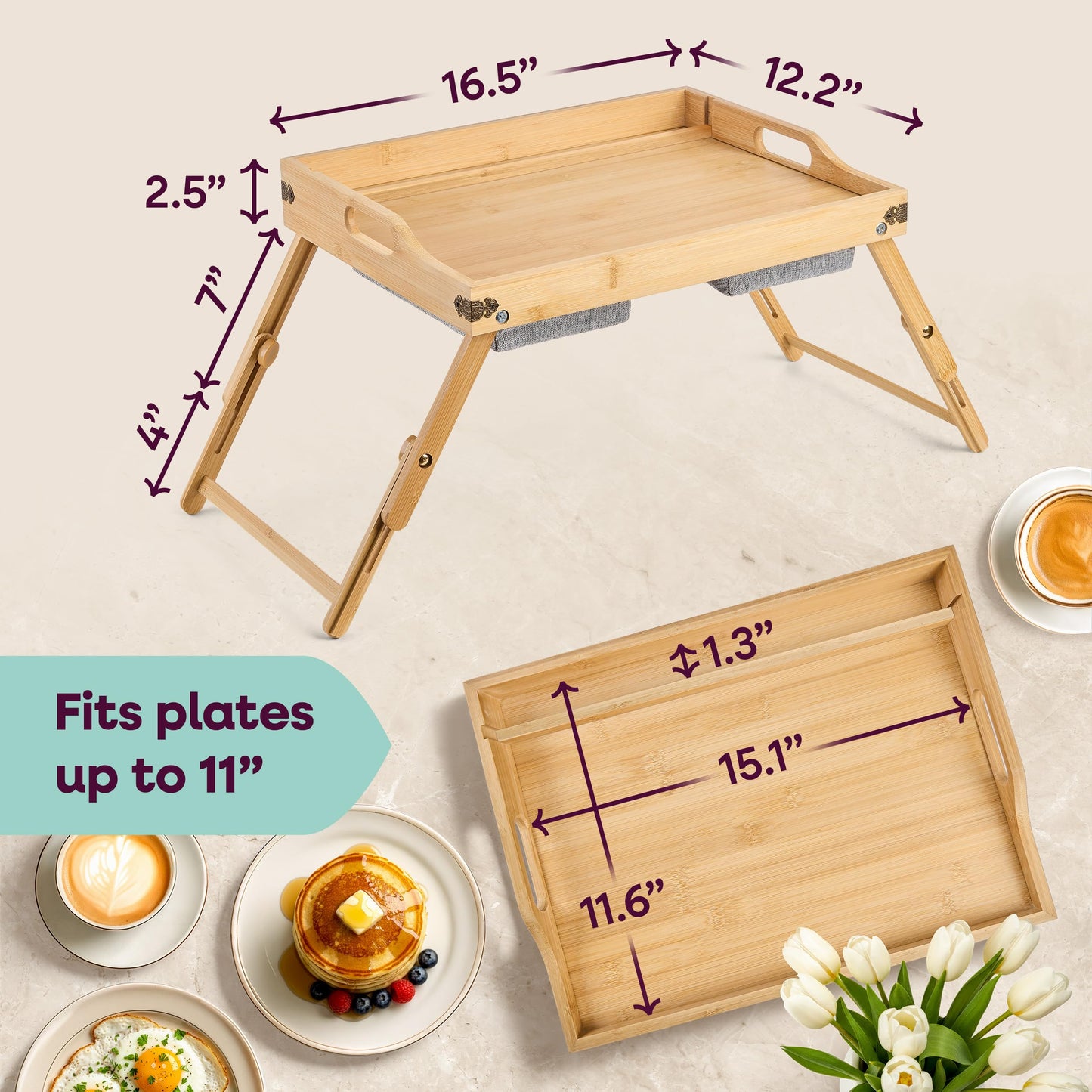 Breakfast in Bed Tray Lap Desk | Ergonomic Bamboo Bed Table Tray for Work, Rest | Comfortable Bed Desk w/Foldable Legs, Phone Holder, Cushions, Anti-Spill Edges | Adjustable Laptop Table/Lap Tray