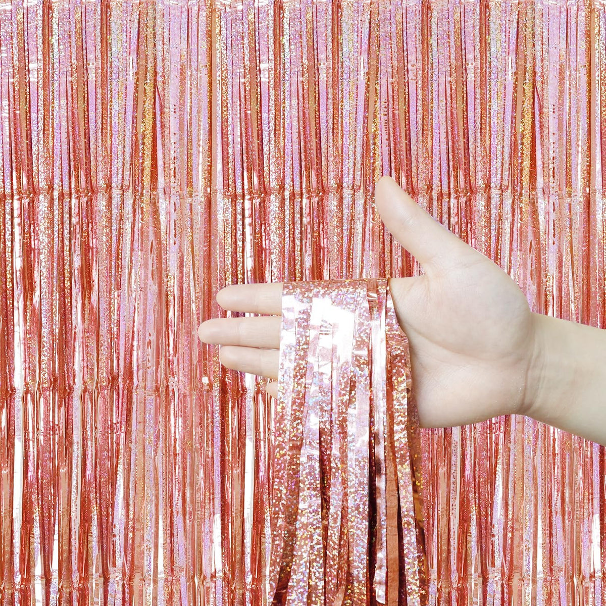 QRabbit 4 Pack Foil Fringe Backdrop Curtains, Rose Gold Party Streamers Photo Booth Props for Birthday Graduation Engagement Wedding Baby Shower Christmas Party Decorations
