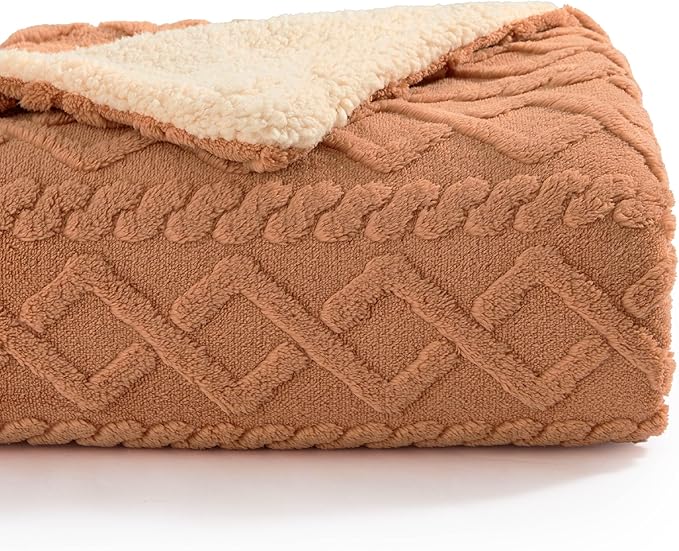 Bedsure Sherpa Fleece Blanket Twin Size for Bed - GentleSoft Fluffy & Cozy Cable Jacquard Tufted for Women Gift, Thick and Warm Blankets for Winter, Light Brown, 60x80 Inches