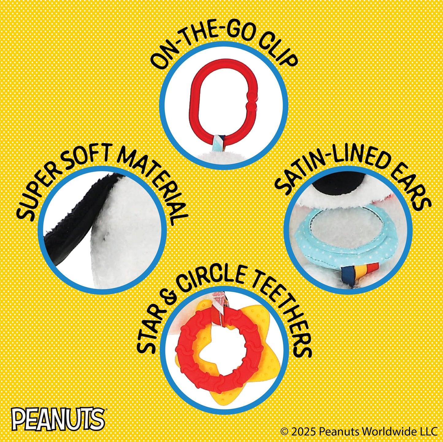 Kids Preferred Peanuts Snoopy Activity Toy - Jingle, Mirror, Teethers, Crinkle, Ribbons, Crinkle, Satin Accents, Soft Plush, On-The-Go Clip, 12 in