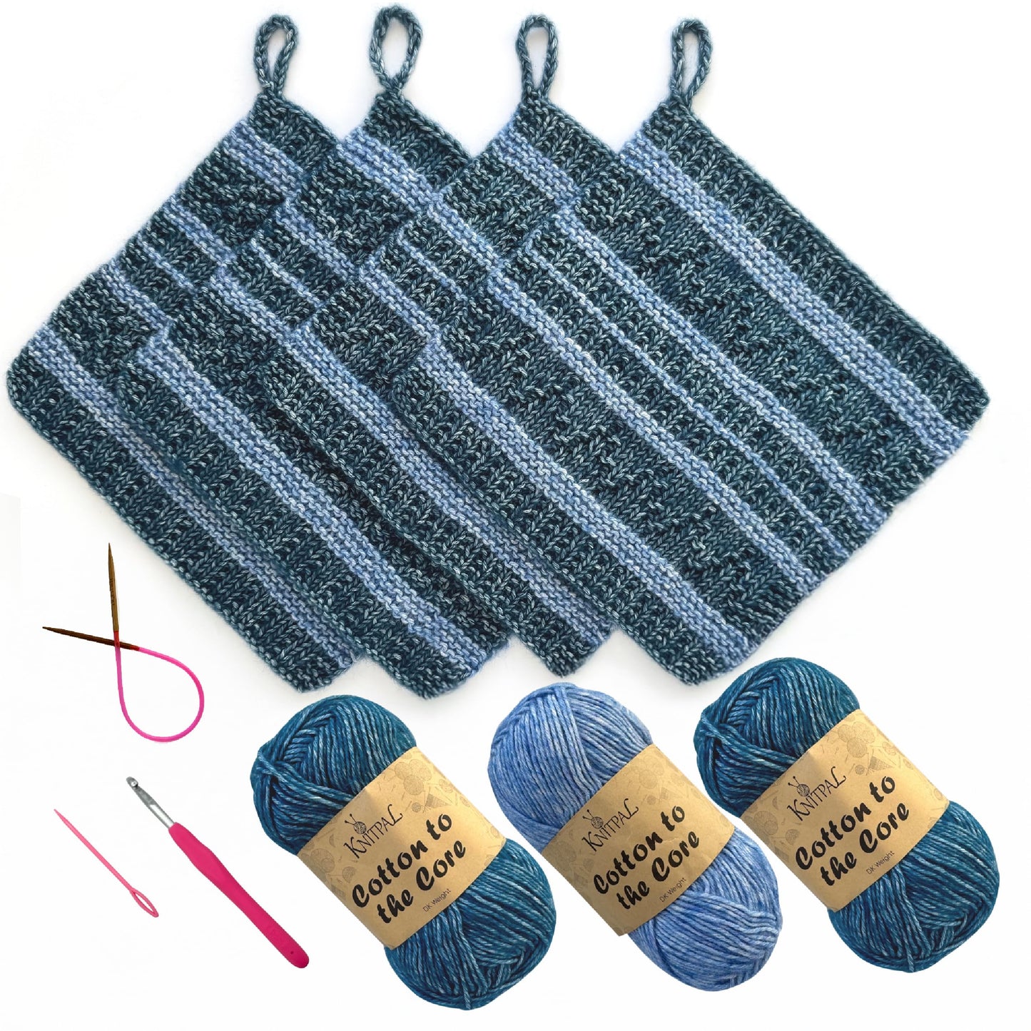 KnitPal Everyday Joy Knitting Kit – Make 4 Reusable Dishcloths for Confident Beginners – Cotton to The Core Yarn (#3 DK), Needles, Patterns & Video Tutorials (Jean Blue + Sky Blue)