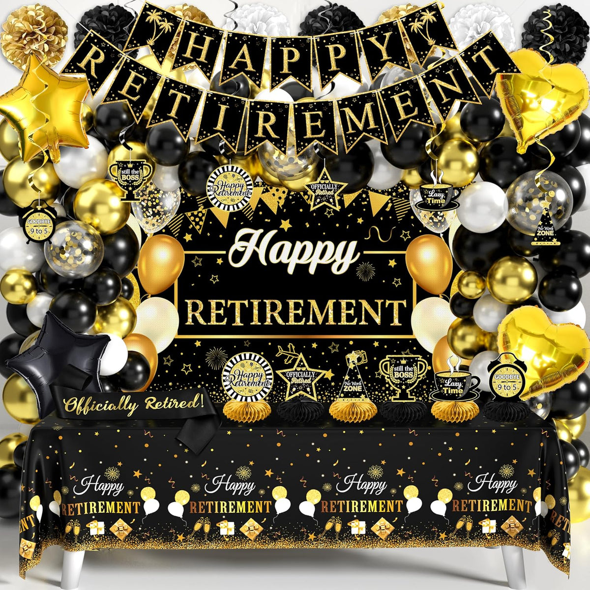 Retirement Party Decorations for Men Women 109Pcs Black Gold Happy Retirement Decorations Retired Banner Backdrop Balloons Sash Hanging Swirls Pompoms Tablecloth Honeycomb Centerpiece(Black Gold)