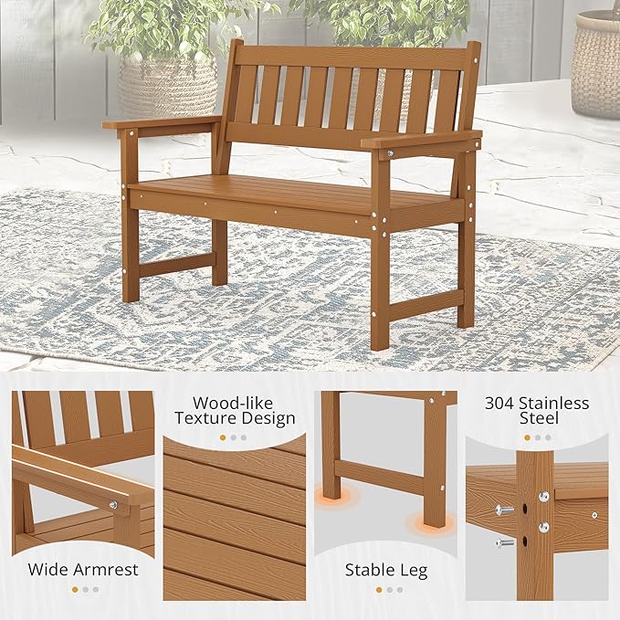 LUE BONA Outdoor Bench, 2-Person HDPS Garden Bench, Outdoor Benches Weatherproof, All-Weather Fade/Rot Resistant Patio Bench for Park, Front Porch, Backyard (Brown-Oil Printed)