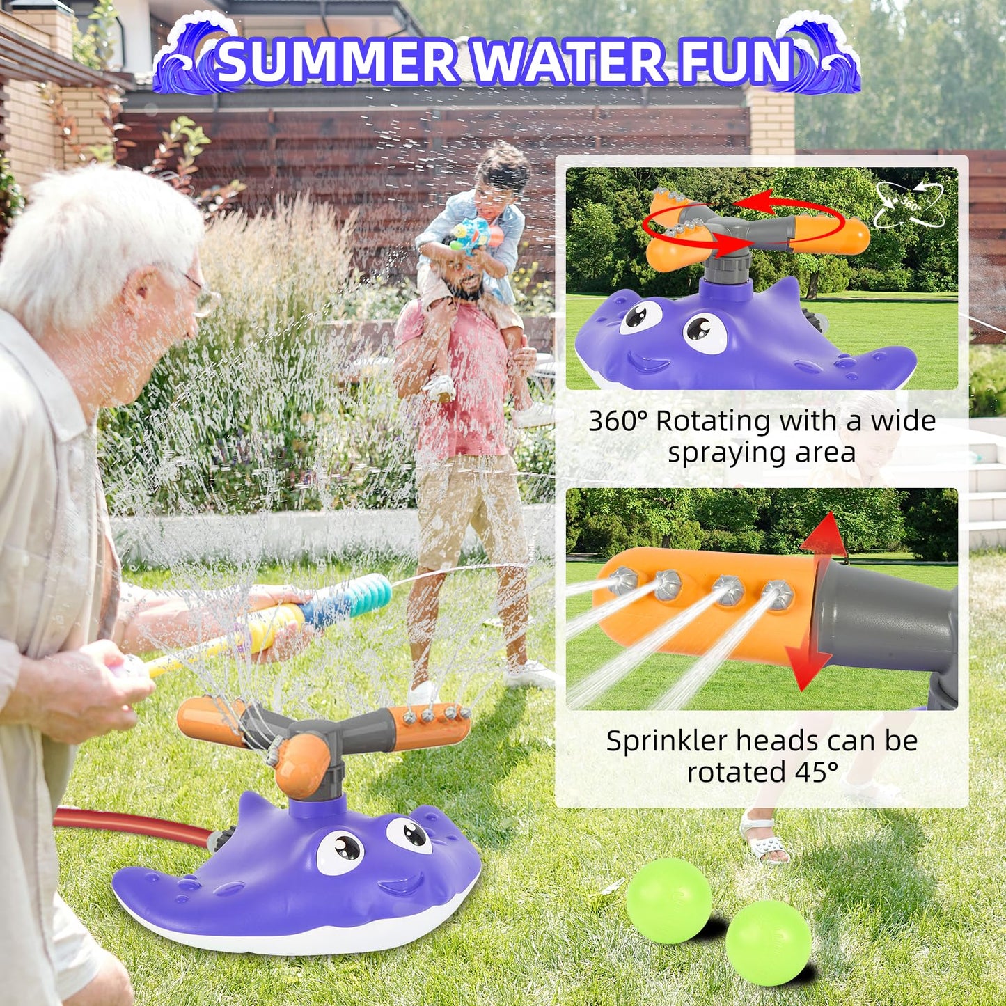 PWSOMJ 2-in-1 Water Sprinkler Baseball Toy Set for Kids, Summer Outdoor Water Game with 2 Sprinkler Heads, 360° Rotating Sprinkler for Backyard Summer Fun