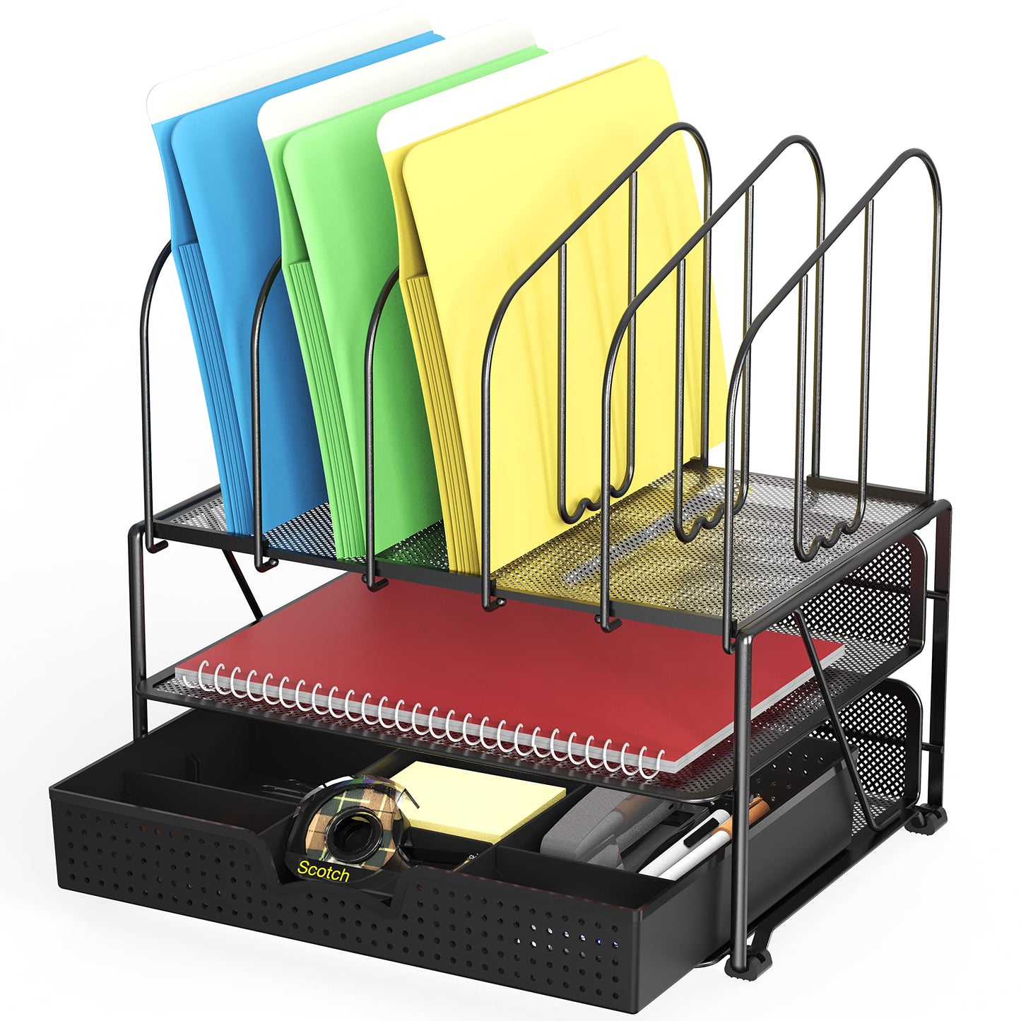 Deco Brothers Mesh Desk Organizer with Double Tray, 5 Upright Sections and Sliding Drawer, Black