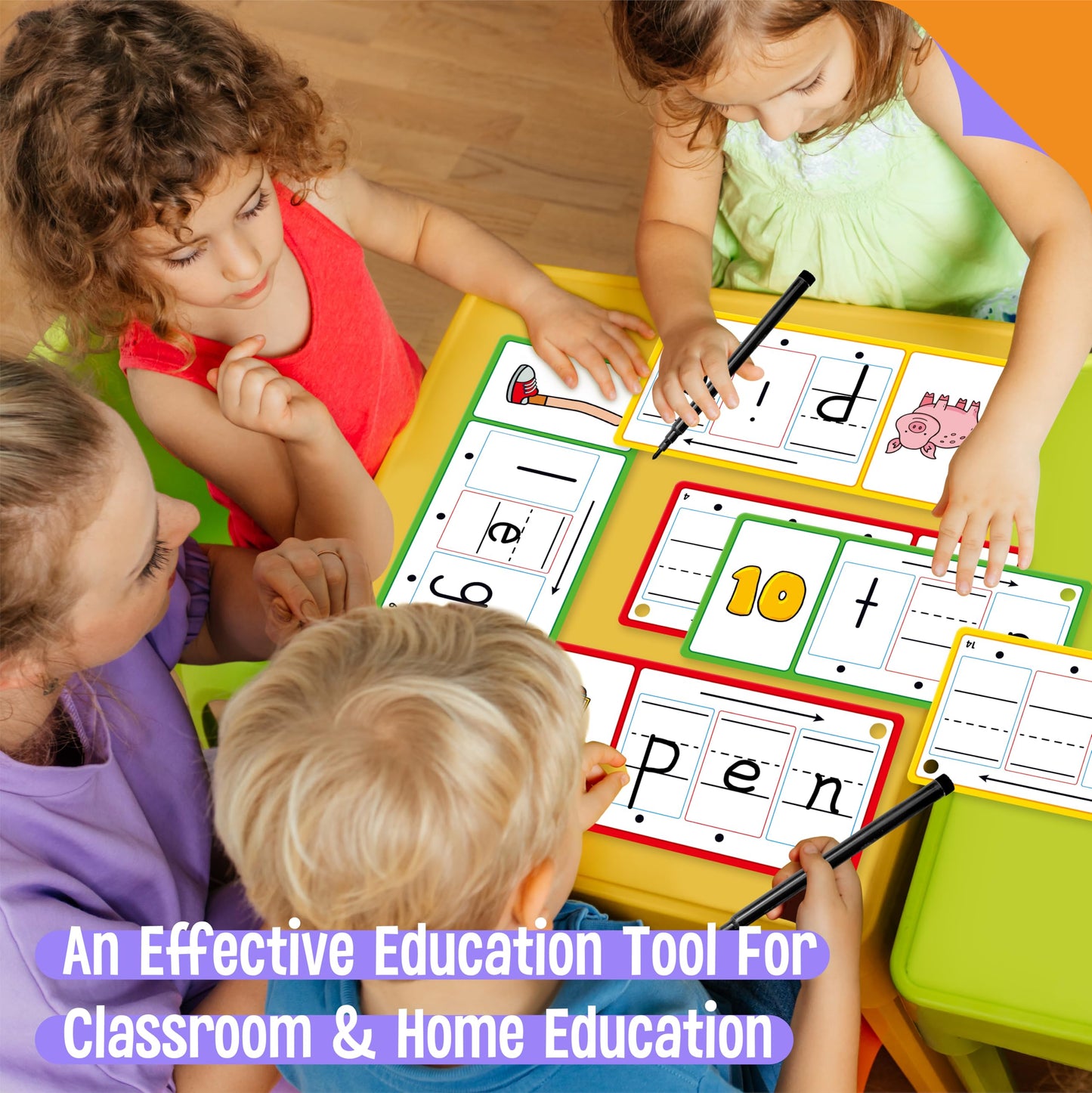 CVC Word Writing Cards, 100 Double-Sided Handwriting Cards 3-Level Short Vowel Spelling Flashcards CVC Sight Words Early Educational Tool for Kids 3 4 5 Years Old (3 Plastic Rings Included)