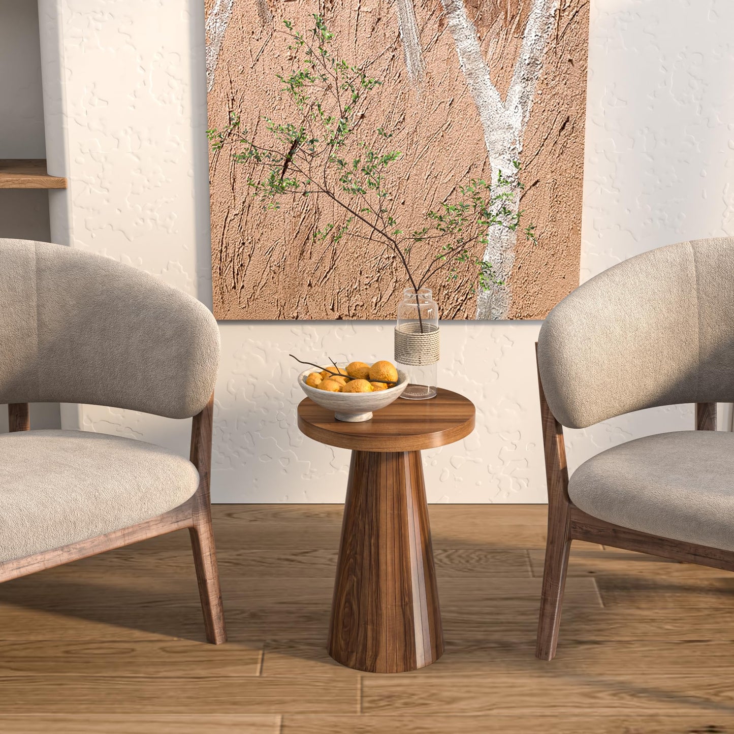 Round Fluted Accent End Table, Pedestal Side Small for Living Room, Mid Century Modern Night Stand, Wood Nightstands for Bedroom (Big Walnut)