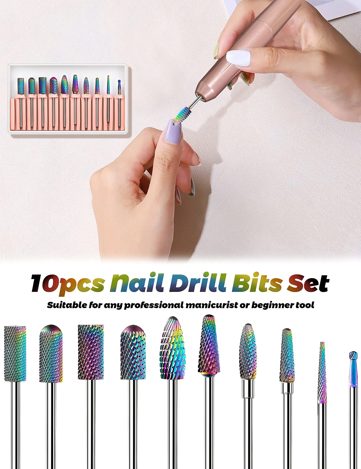 10pcs Nail Drill Bits Set, IAGBIBU Electric Nail Drill Kit Tungsten Carbide Nail Drill Bits for Acrylic Poly Nail Gel Polish, 3/32 inch Professional Nail Bits Manicure Pedicure Remover Home Salon Use