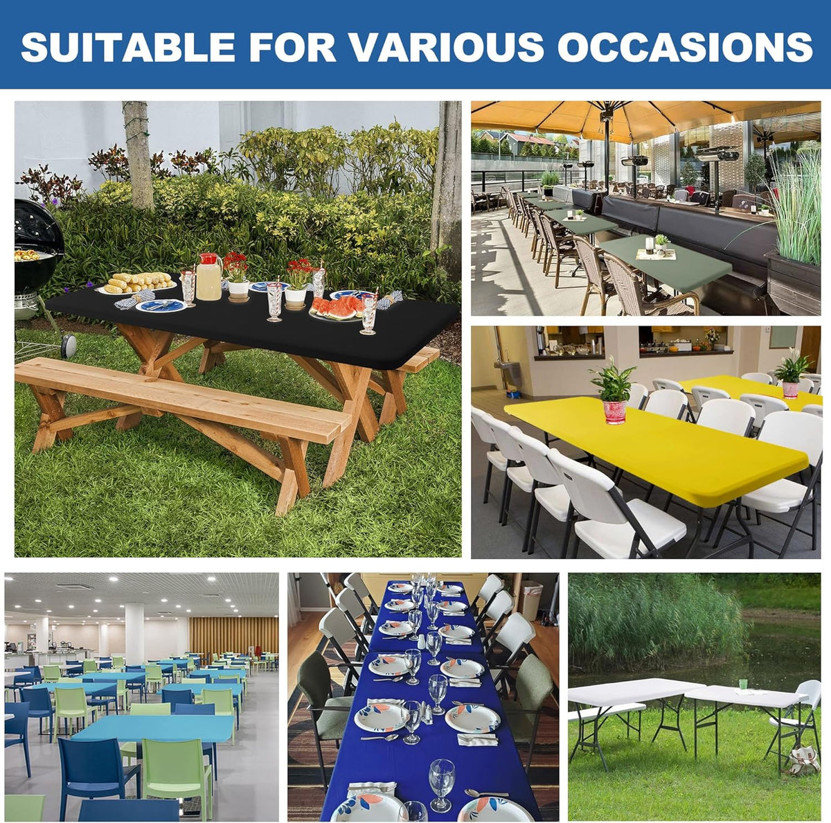 Fitted Tablecloth for 8 Foot Rectangle Tables-10 Pack Black Elastic Outdoor Picnic Table Cover-Spandex Stretch Folding Table Cloths 8ft for Camping Dining Room Patio Kitchen Banquet Party