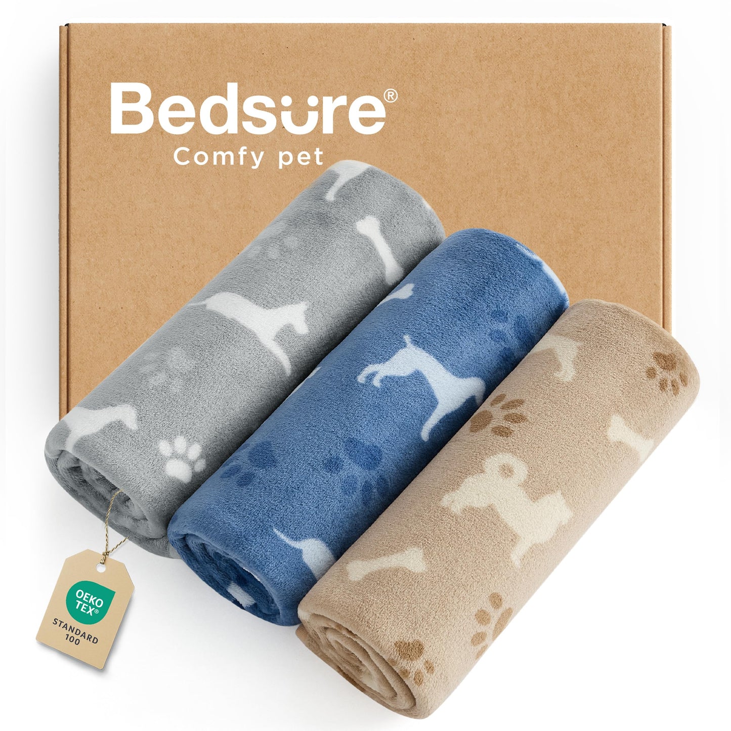 Bedsure 1 Pack 3 Pet Blankets, Super Soft Fluffy Premium Fleece Flannel Portable Throw Dog Blankets for Small Dogs, Printed Cat Puppy Blanket Grey/Brown/Blue Small(20x30 inch)