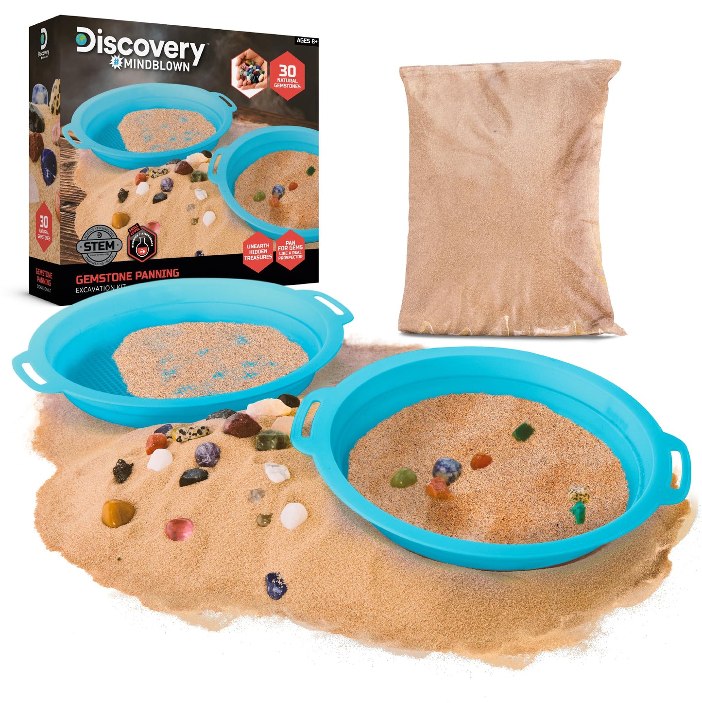 Discovery™ Gemstone Panning STEM Kit – Pan for 30 Real Gems| 2 Sifting Pans, Sand & Learning Guide| Educational Science Activity for Kids| Geology Rock Excavation Set| Boys & Girls Toy Gift| Ages 8+