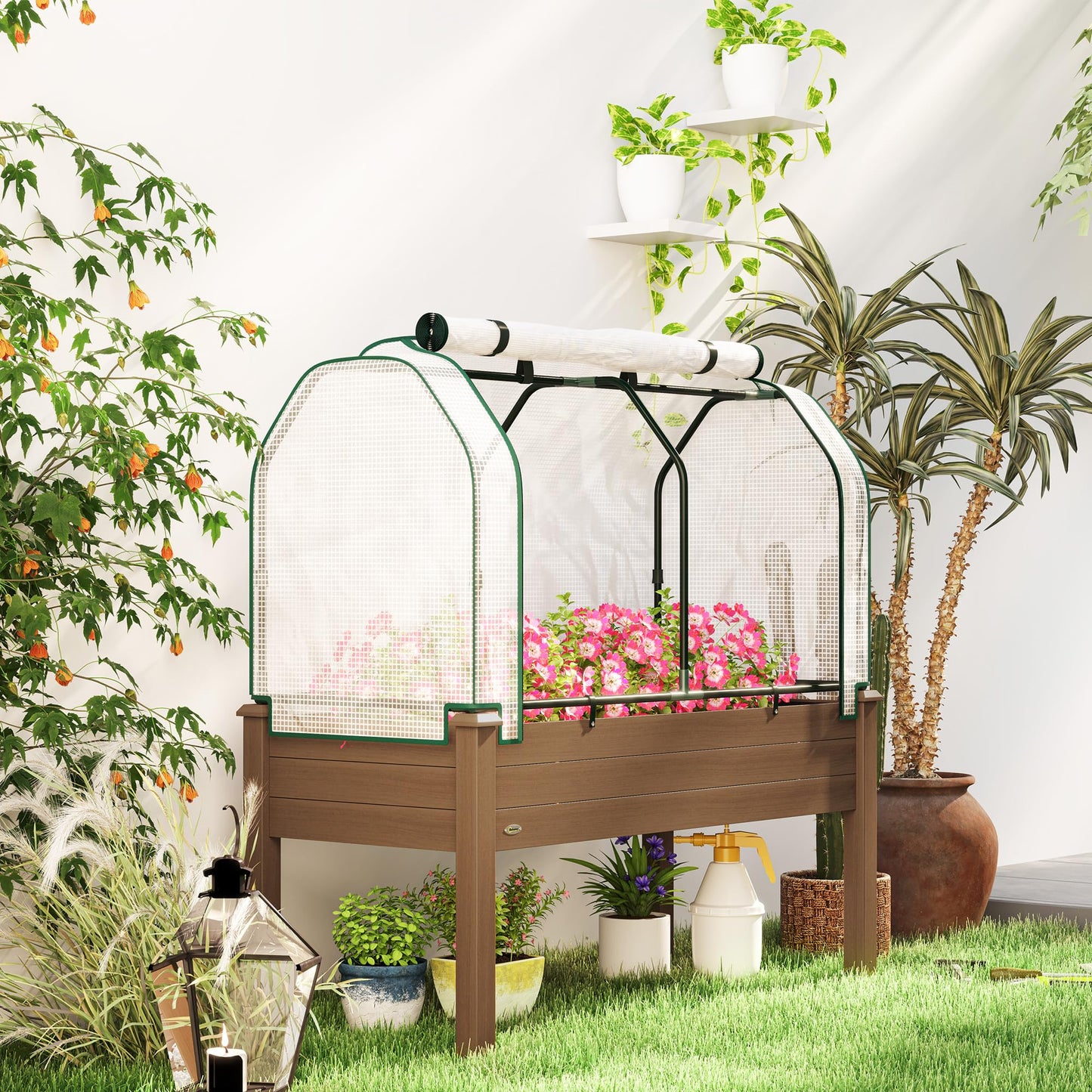 Outsunny Raised Garden Bed with PE Greenhouse Cover Outdoor Elevated Wood Planter Box for Herbs and Vegetables, Use for Patio, Backyard, Balcony, 48 x 22 x 46 inch, Brown