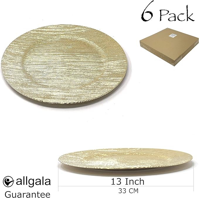 allgala 13-Inch 6-Pack Heavy Quality Round Charger Plates-Texture Gold-HD80355