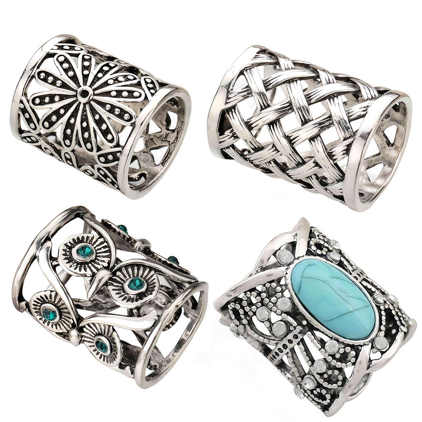 SYWDUDUCLT Vintage Style Scarf Ring Set, 4 Pack, Silver Tone with Floral, Turquoise, Weave and Owl Designs