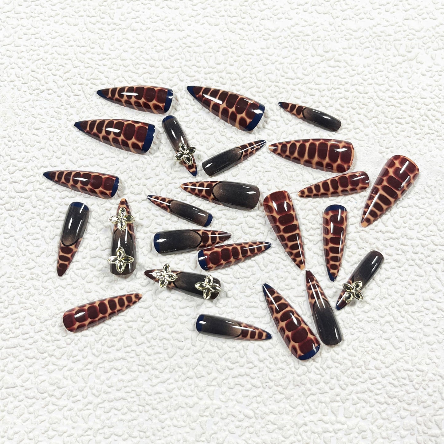 MERVF Press on Nails Long Stiletto, Brown French Tip Fake Nails Animal Tortoise Design Glue ons 3D Gold Flower Acrylic Nail Glossy 24pcs