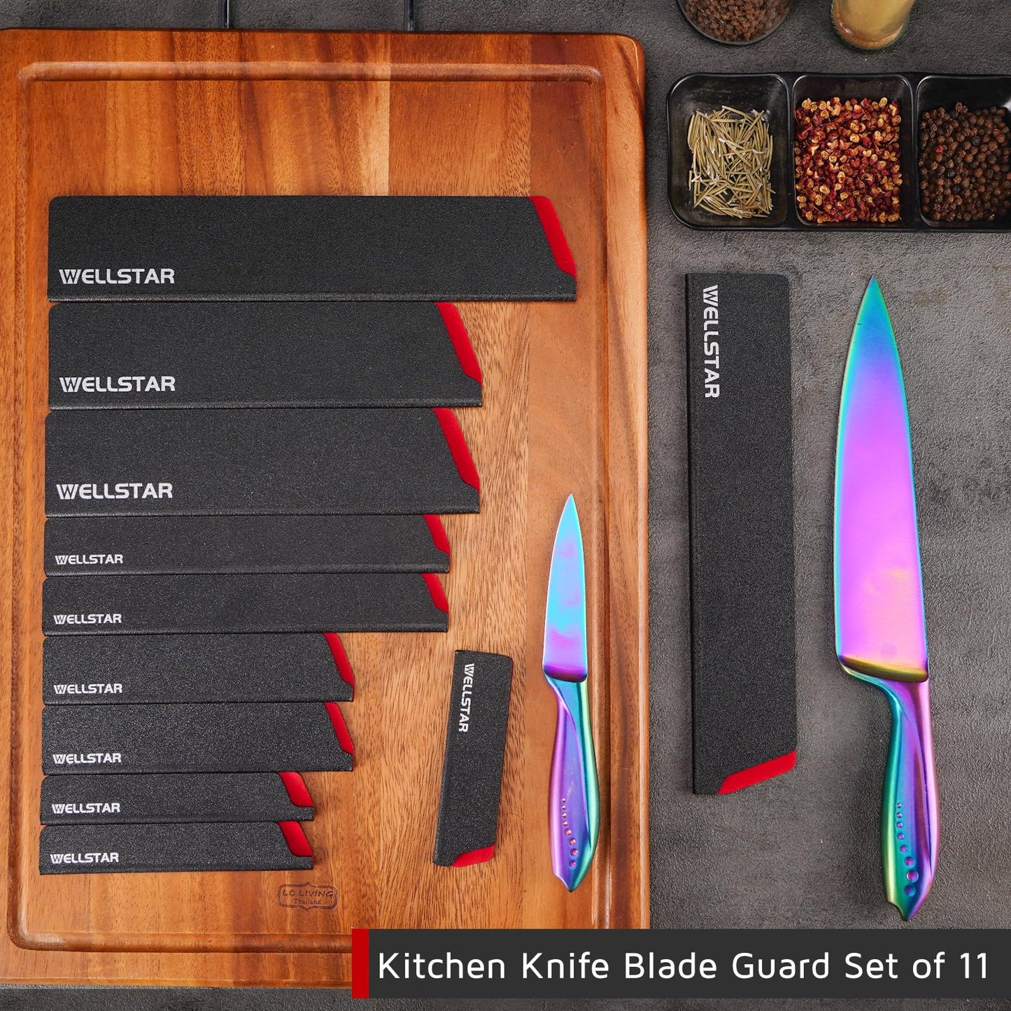 WELLSTAR Knife Edge Guards Set, 11 Piece Universal Blade Covers, BPA Free ABS Protective Blade Sheaths, Non-Scratch Felt Lining Kitchen Knives Covers (Knives not included)