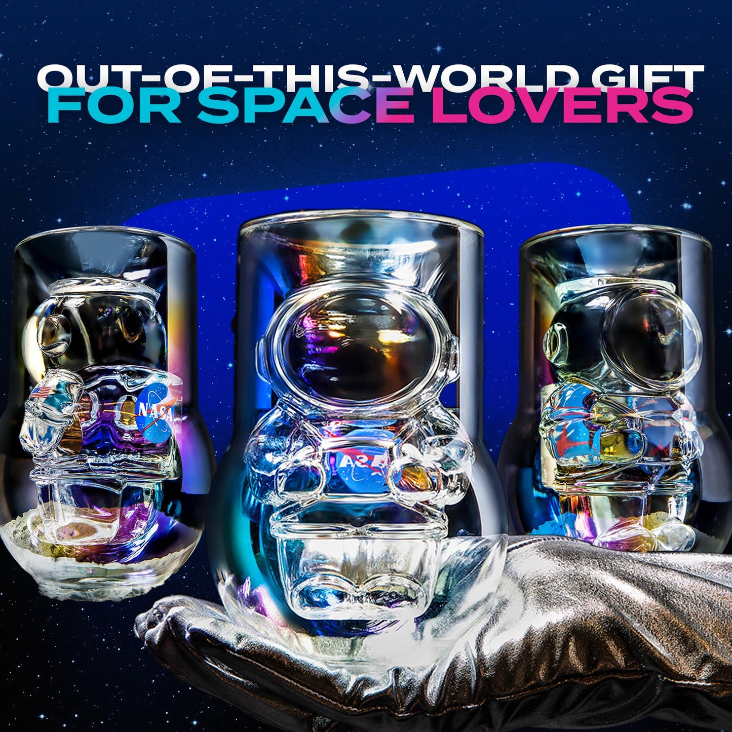 NASA Astronaut Glasses - 7 oz Set of 2 Double Wall Iridescent Drinkware with NASA symbol and Artemis Patch - Unique Glassware for Space Enthusiasts - Keeps Drinks Cold Longer