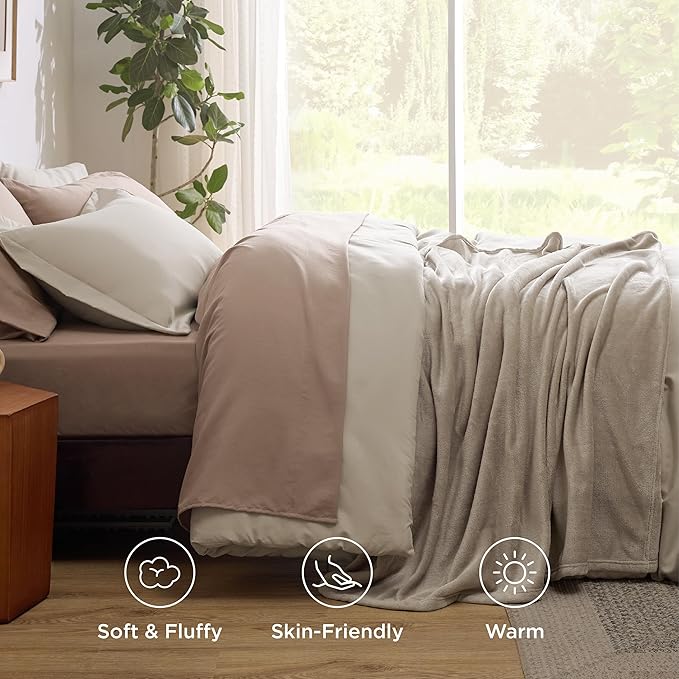 Bedsure Full Comforter Set Beige, 8 Pieces Prewashed Full Size Bed in a Bag with Soft Fleece Bed Blanket, Down Alternative Bedding Set for All Seasons, Sheets, Pillowcases & Shams