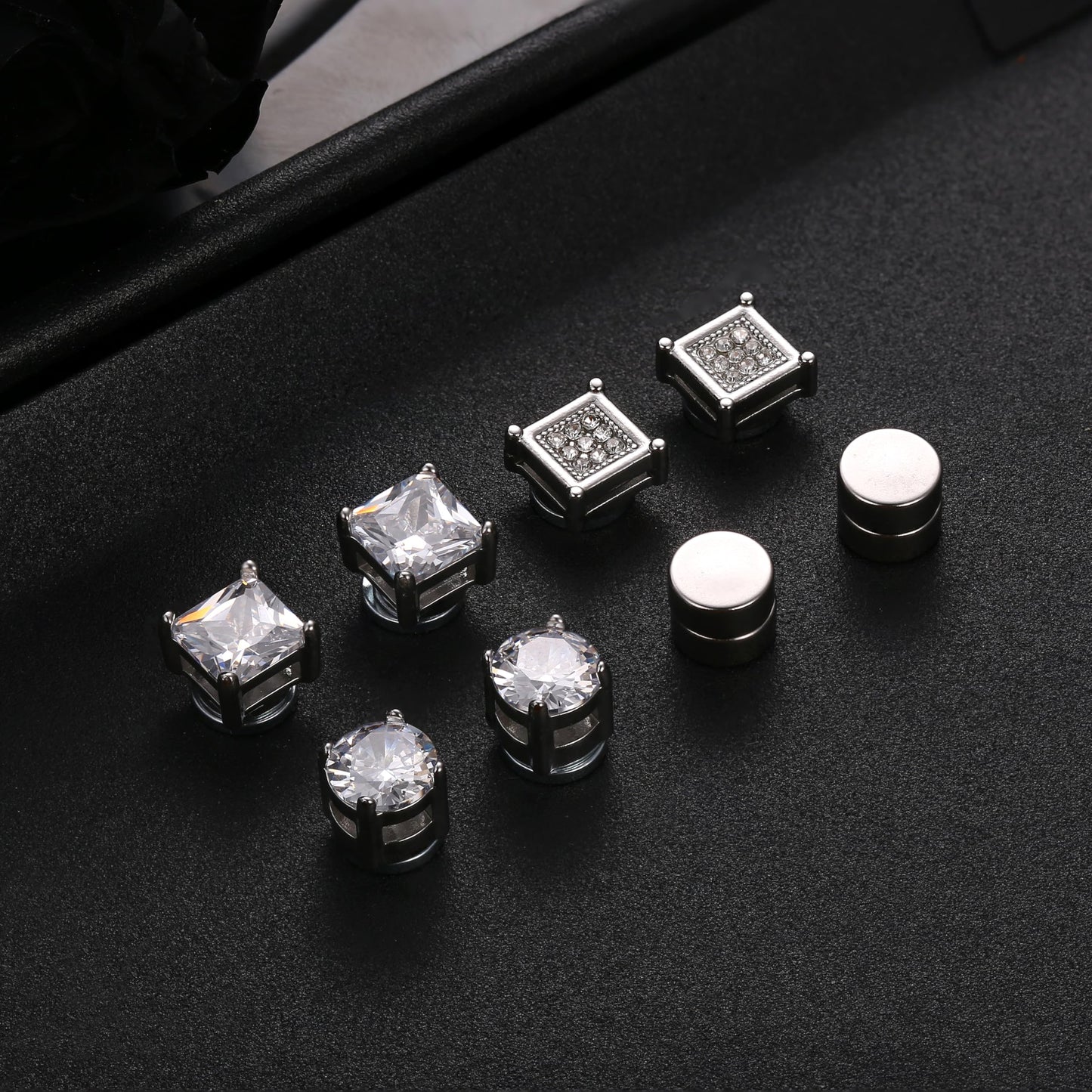 Jstyle 4 Pairs Stainless Steel Magnetic Stud Earrings for Men Women Silver Tone CZ Non-Piercing Clip On Stud Earrings Set 6-8MM