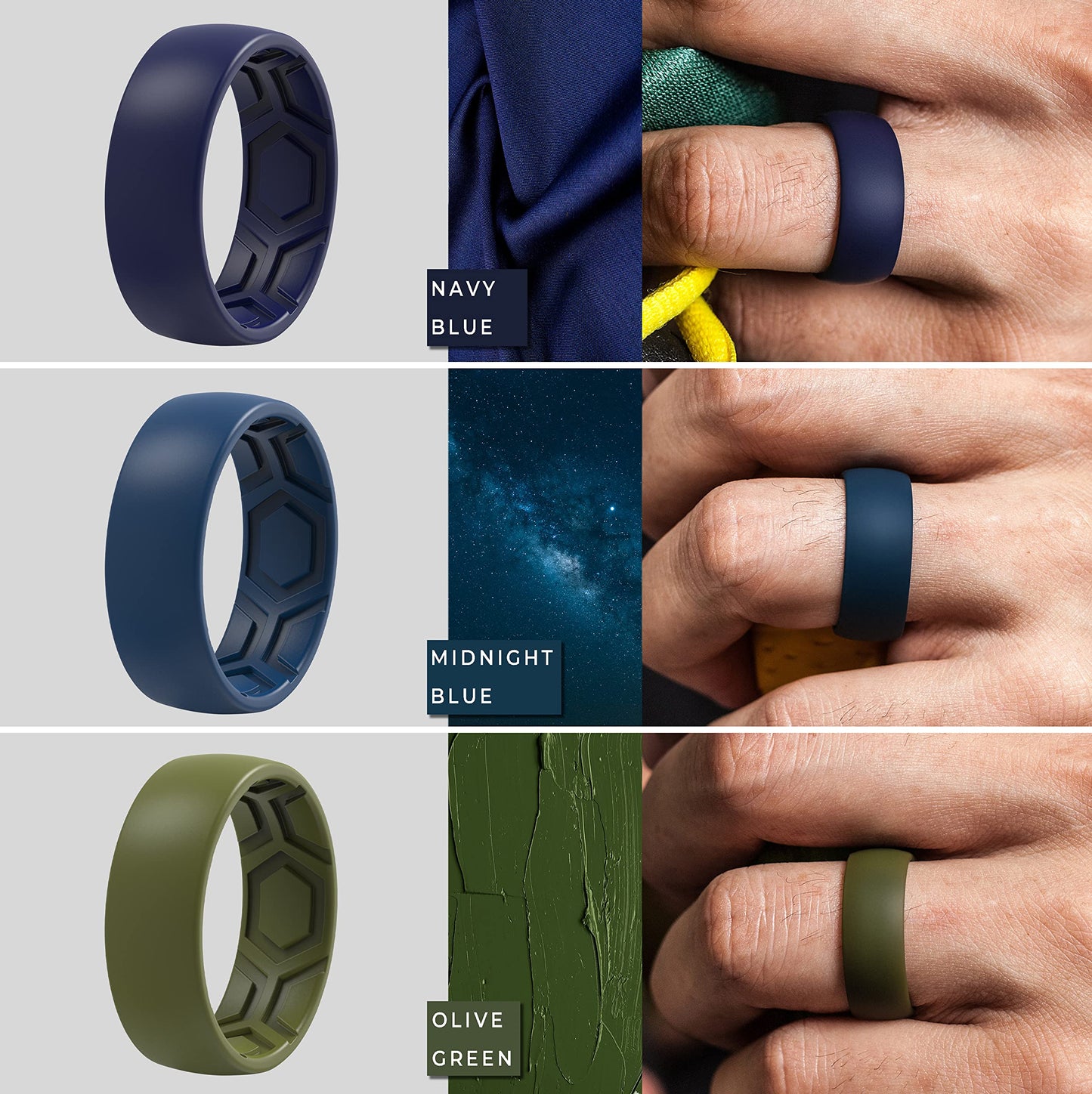 ThunderFit Men's Patterned Silicone Rings, 8mm Wide 2.2mm Thick Rubber Bands,Variety Multipack 1,4,7