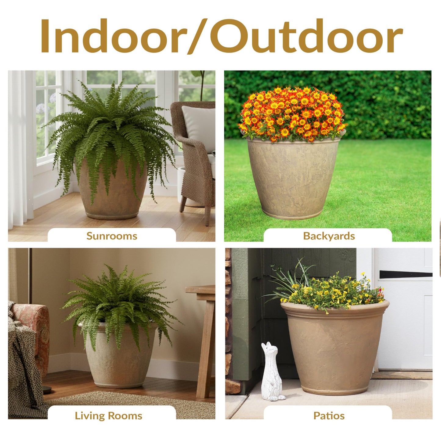 Sunnydaze 24-Inch Anjelica Large Plastic Pot for Plants - Outdoor Double-Walled Large Plastic Planter with Drillable Drainage Holes - Beige - 4pk