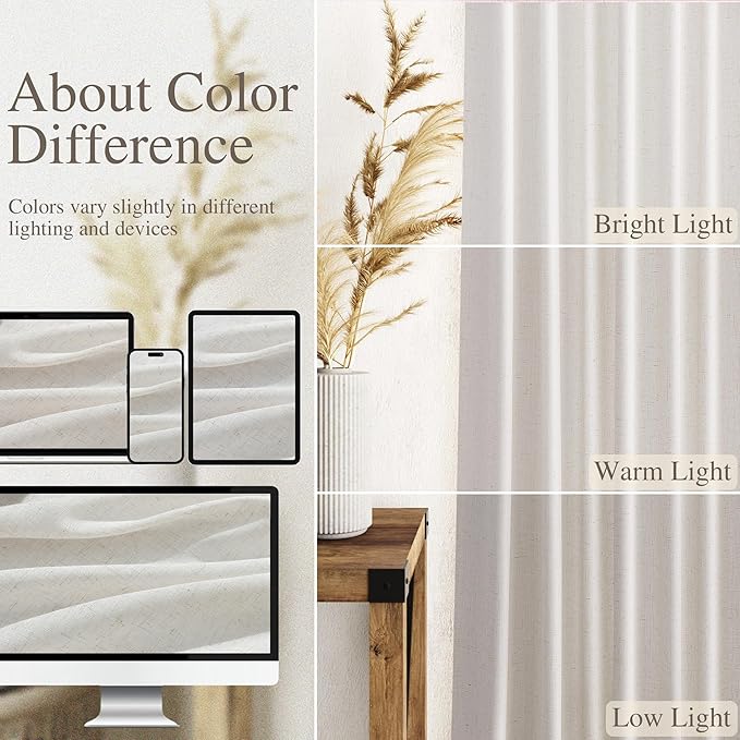 Nanspring Natural Linen Curtains for Living Room 92 Inches Long Rustic Farmhouse Decor Light Filtering Semi Sheer Curtain Back Tab and Rod Pocket Luxury Drapes for Bedroom Office 52x92, 2 Panels