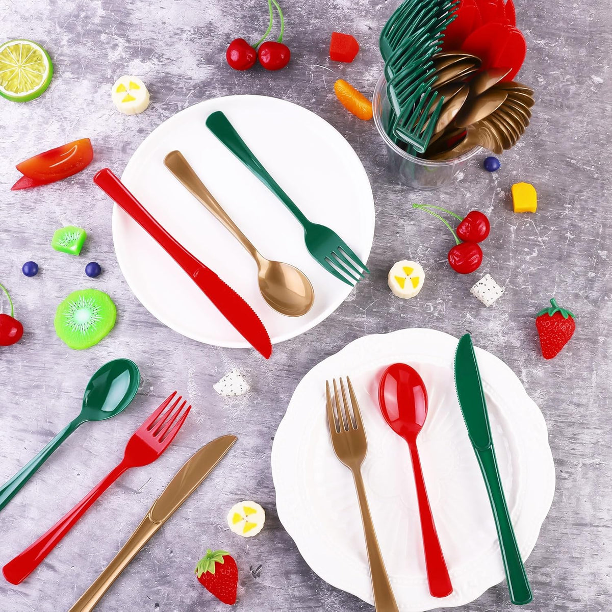 300 Pieces Christmas Plastic Silverware Heavy Duty Plastic Cutlery Set Heavyweight Disposable Flatware Includes Christmas Spoons Forks Knifes for Christmas New Year Party