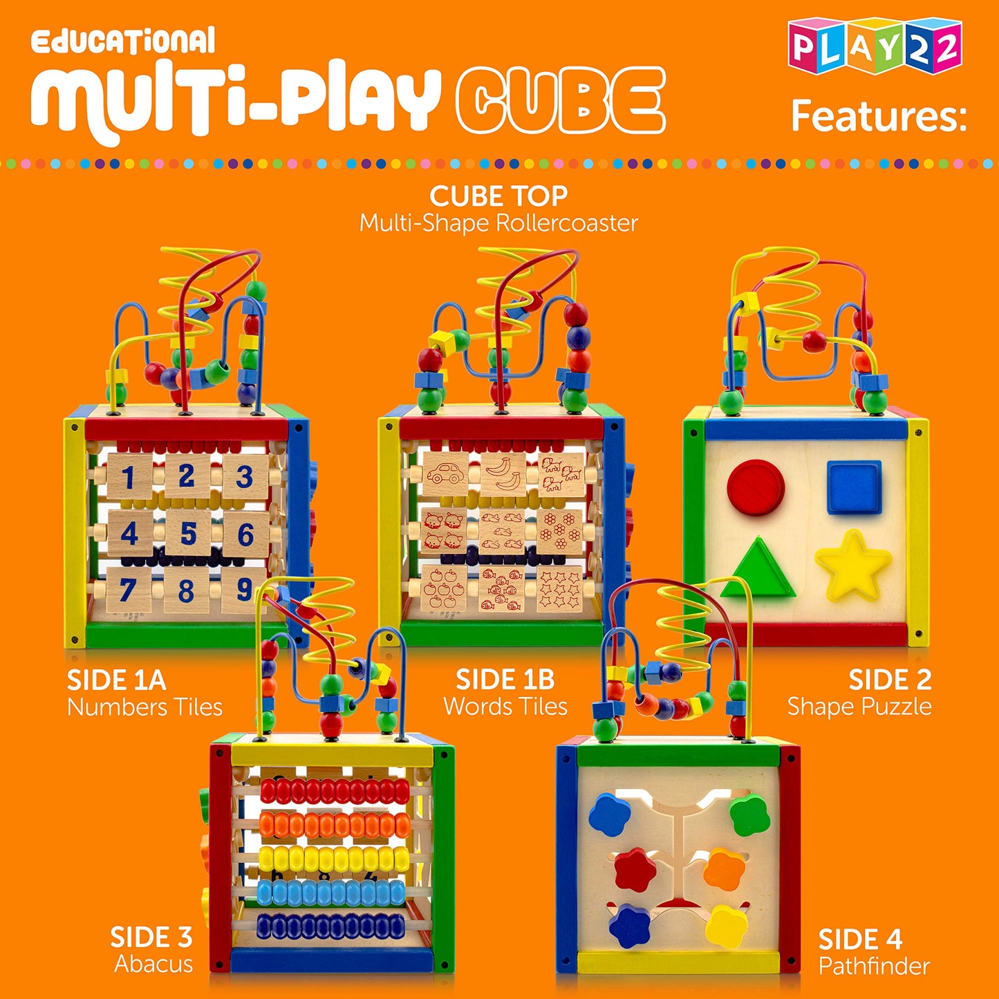 Play22 Wooden Activity Cube for Baby - 6 in-1 Baby Activity Play Cube with Bead Maze, Shape Sorter, Abacus Counting Beads, Counting Numbers, Sliding Shapes, Removable Bead Maze, 8Pcs Stacking Cups