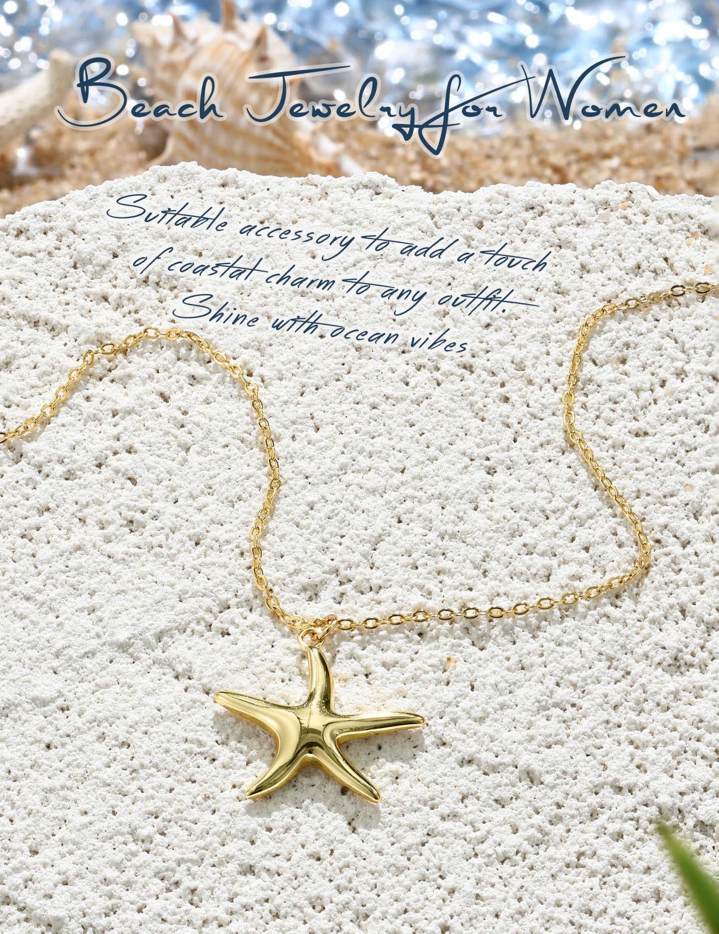 LOYALLOOK Starfish Necklace for Women, 14k Gold Plated Dainty Starfish Charm Necklace Stack, Non Tarnish Waterproof Gold Beach Accessories for Summer Vacation