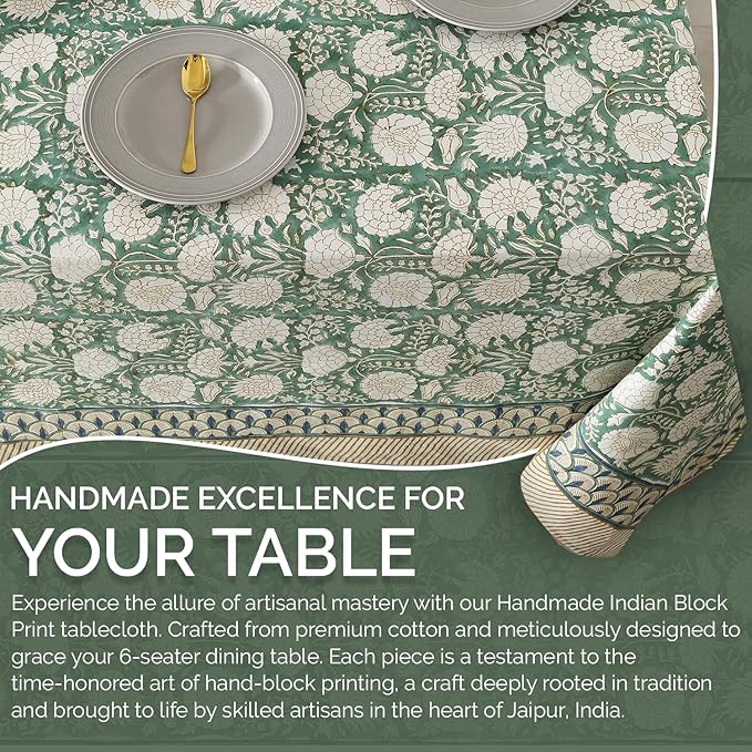 Labhanshi Indian Handblock Print Pre-Washed Cotton Floral Table Cloth|Reusable Rectangle 72x108 Inch 8-Seater Dining Tablecloth|Spring Easter St.Patrick Festive Decorative Table Cover|Moss Green