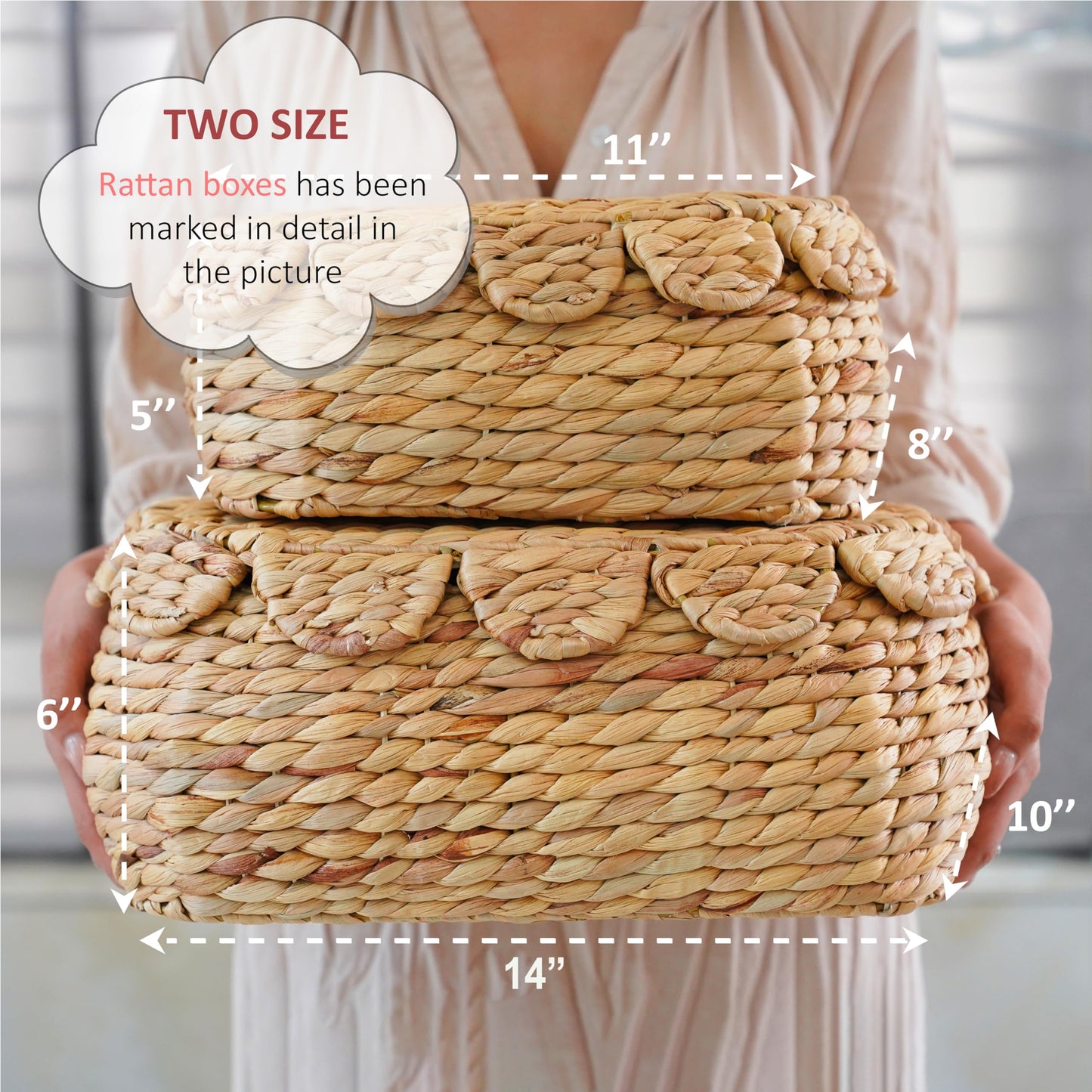 LUSYDECO Set of 2 Wicker Storage Baskets with Lid, Rattan Basket Decorative Boxes, Woven Storage Box Hyacinth Basket with Lids, Small Scalloped Edge Wicker Baskets with Lids