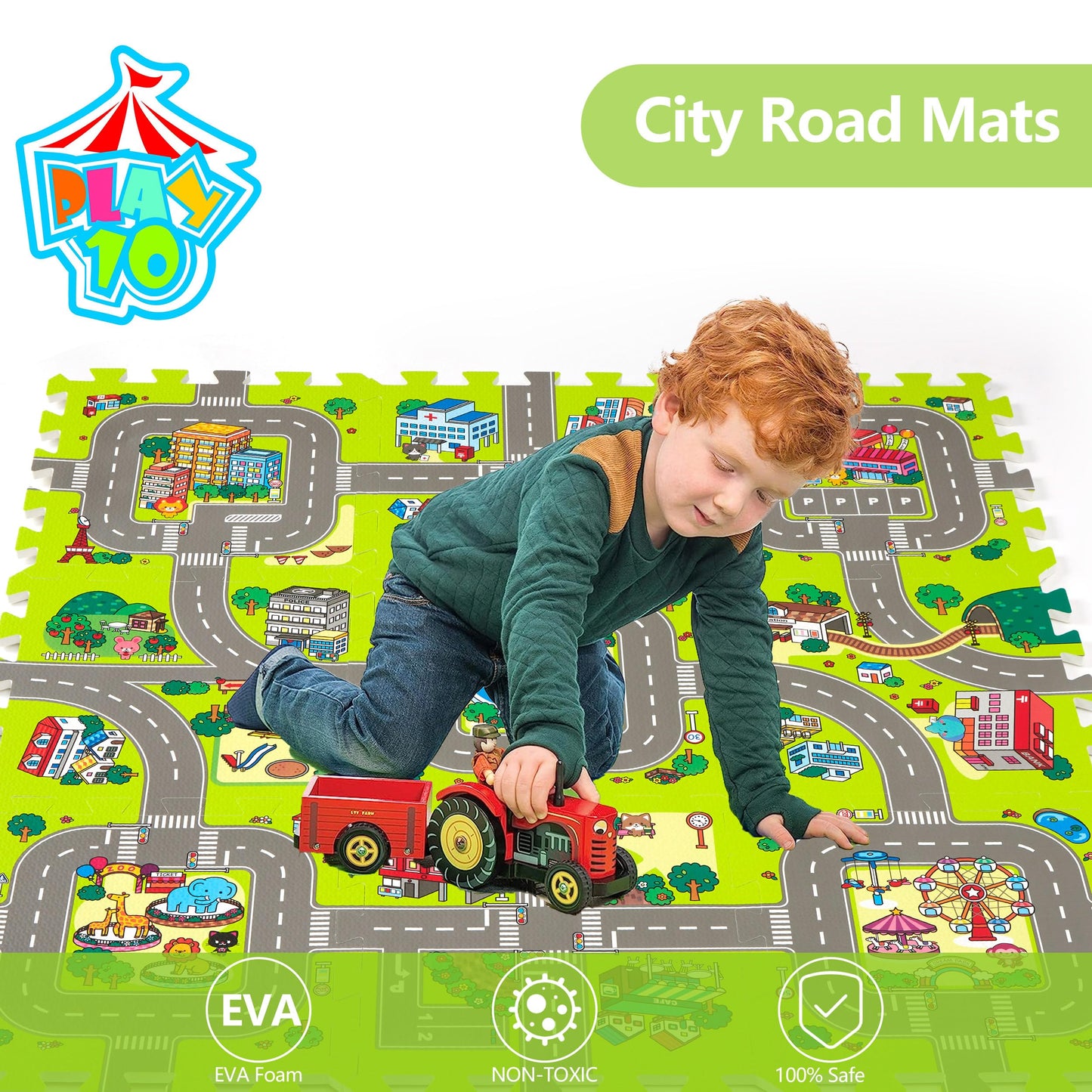 PLAY 10 Baby Play Mats for Floor, Foam Play Mat, Interlocking Foam Tiles City Road Track Puzzle Mat 9 Pieces