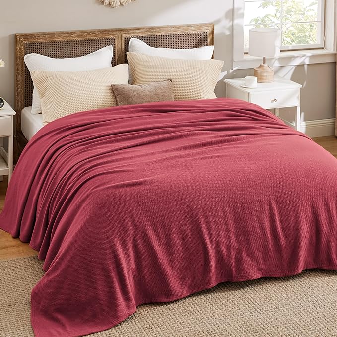 Bedsure 100% Cotton Blanket King Size for Bed - Breathable and Lightweight, Soft Cozy Textured Herringbone Woven Blanket for Summer Spring, Dark Red, 108x90 inches