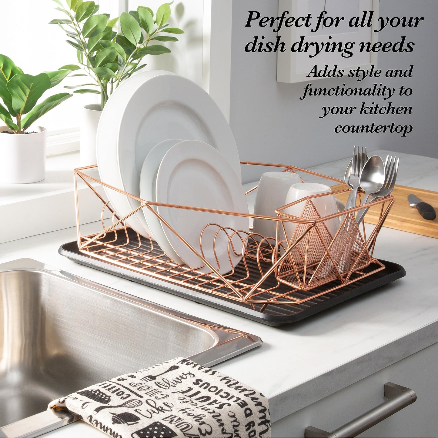 Kitchen Details Geode Deluxe Dish Drying Rack with Drain Board | Cutlery Basket | Utensil Holder | Iron Frame | Copper