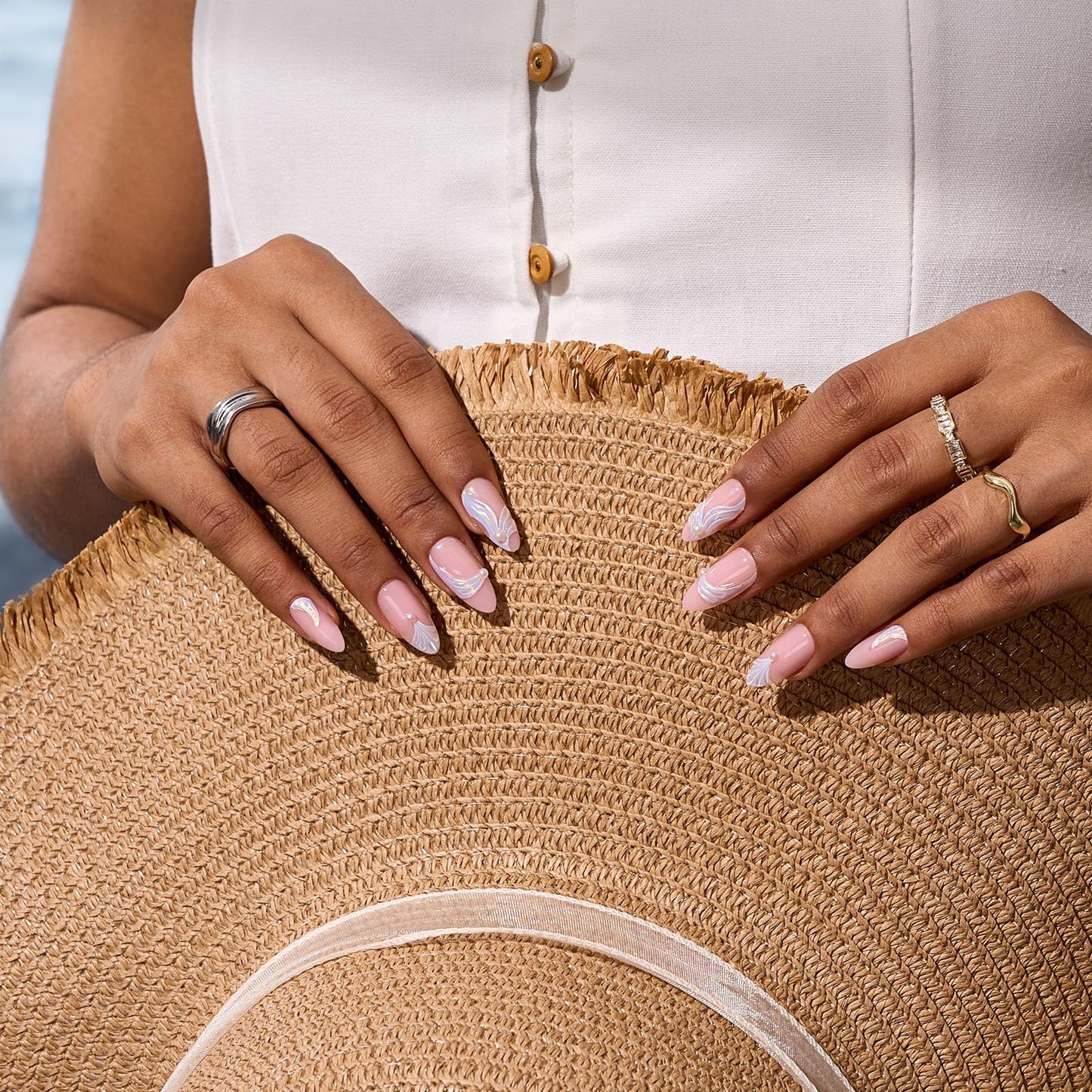 BTArtbox Press On Nails Medium - Pearlfin, Easy-to-Apply 3D Pearl Accents Almond Press On Nails with Glue and Adhesive Tabs in 15 Sizes - 30 Nails All-in-One Kit