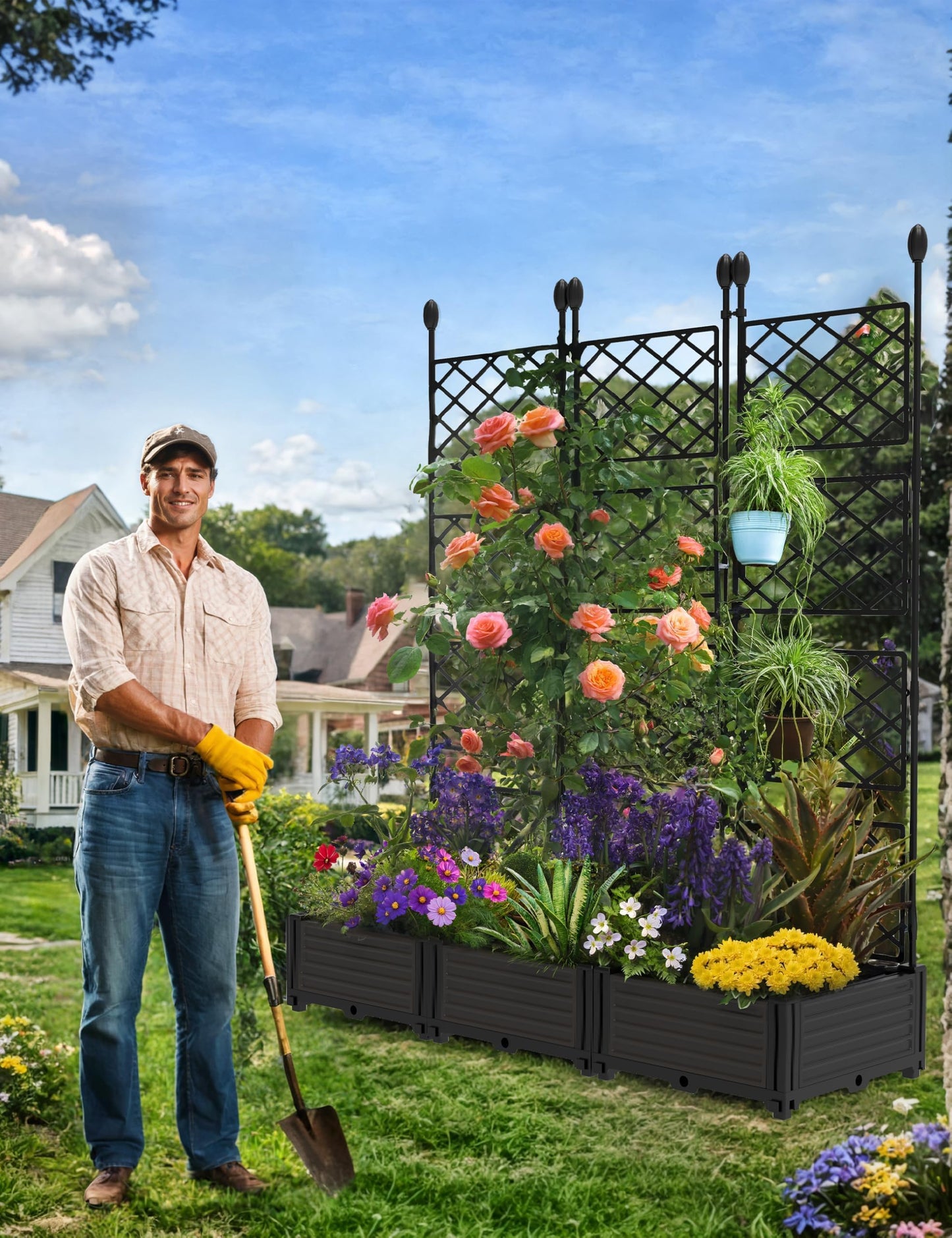 Garvee Raised Garden Bed with Trellis 3-Pack - 48" l x 16" w x 63" h Plastic Vertical Planter Box for Climbing Plants, Outdoor Privacy Screen for Patio, Balcony, Backyard - Sturdy & Lightweight