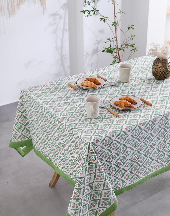 Labhanshi Indian Handblock Print Floral Cotton Table Cloth|Rectangle 60x90 Inch 6-Seater Kitchen Dining Table Cloth|Thanksgiving Wedding Festive Holiday Picnic Party Decorative Table Cover|Green Pink