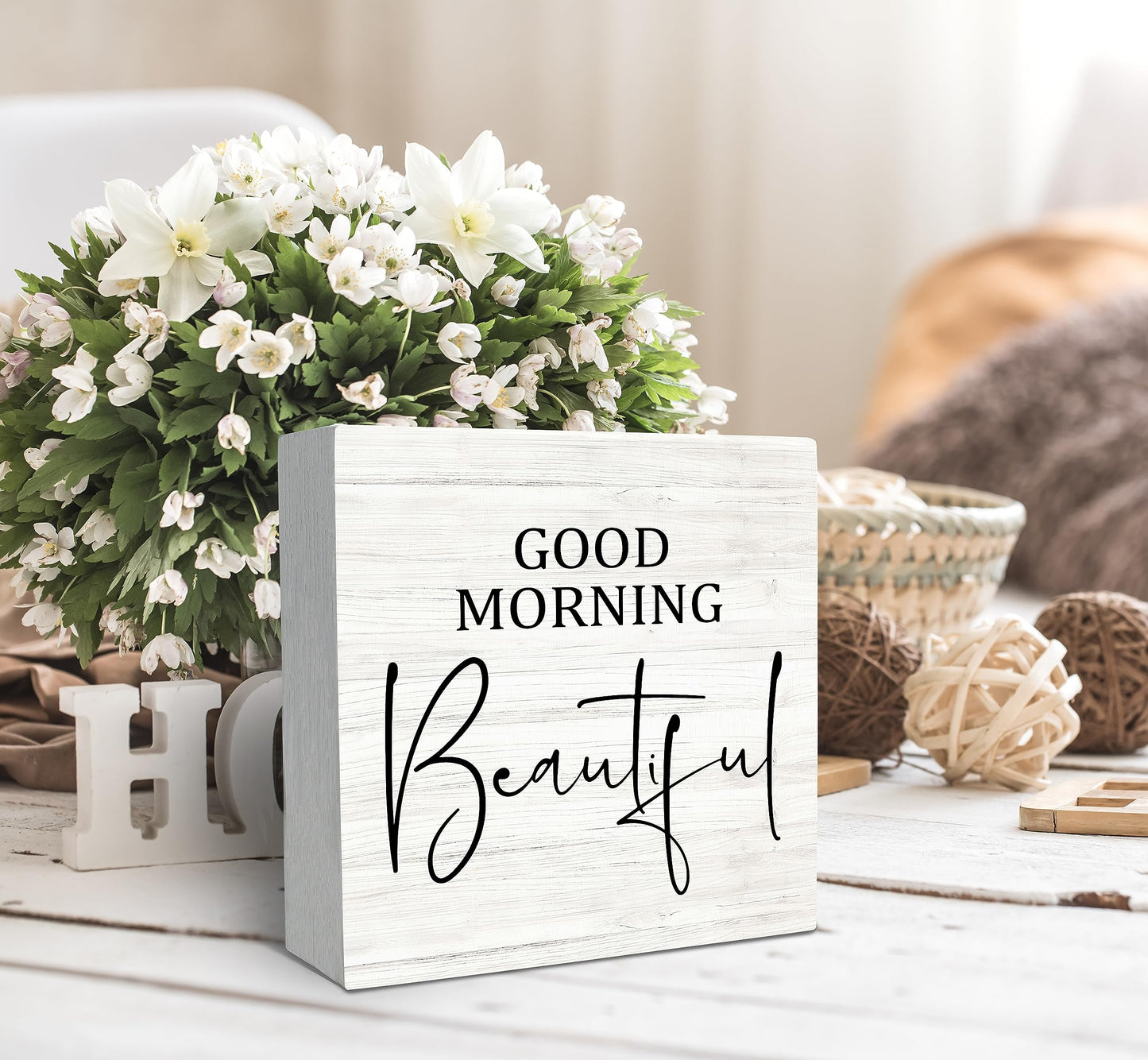 SRADMO Good Morning Beautiful Wood Box Sign Desk Decor,Rustic Wooden Block Box Sign Decoration For Home Bedroom Bathroom Shelf Table Decor