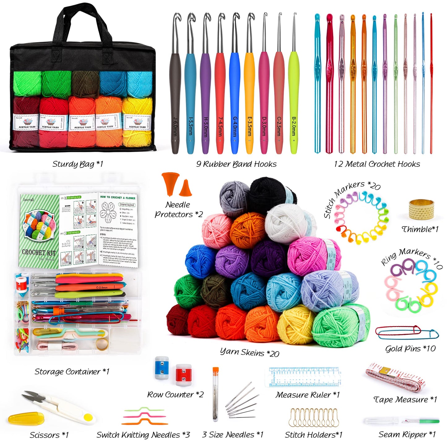 20 Large Acrylic Yarn Skeins-105 PCS Crochet Kit with Hooks Yarn Set, Premium Bundle Includes 2000 Yards Yarn Balls, Needles, Accessories, Ideal Starter Pack for Adults Beginner Professionals