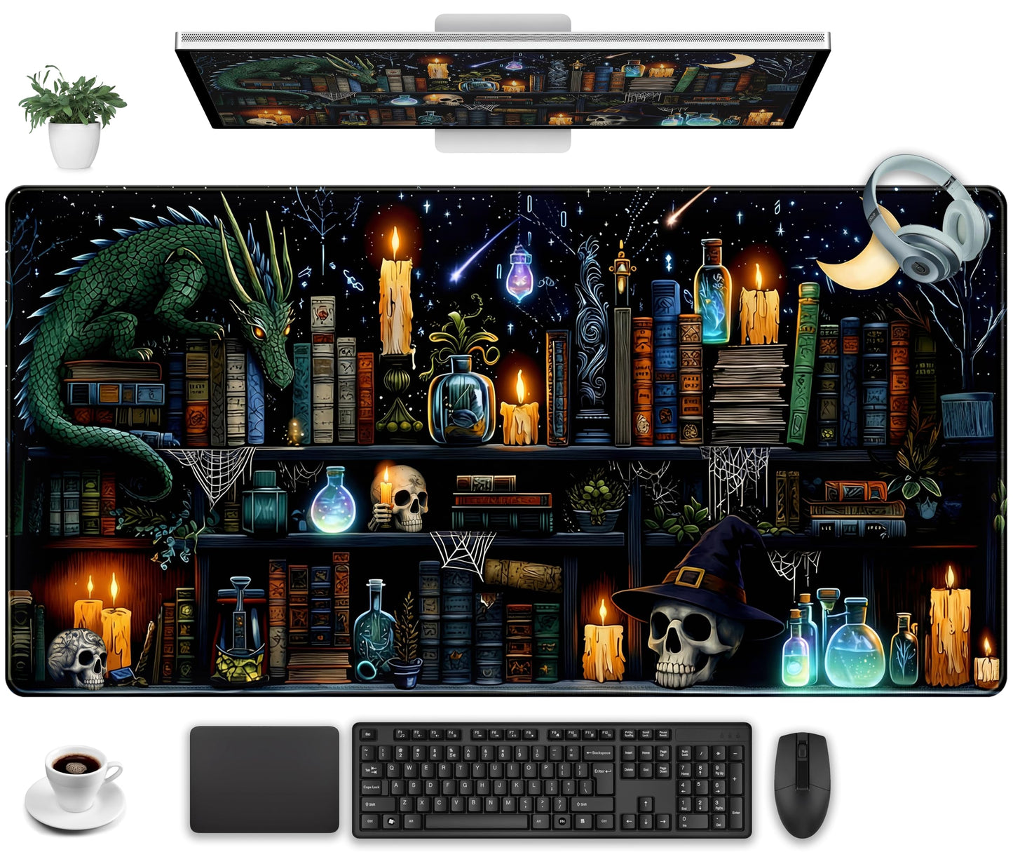 Black Desk Mat Gaming Desk Pad Large Mouse Pad, Mysterious Library Mouse Mat XXL Laptop Keyboard Pad, Vintage Gamer Mouse Pad Full Desk Mousepads Cool Office Desk Accessories 31.5"x15.7"