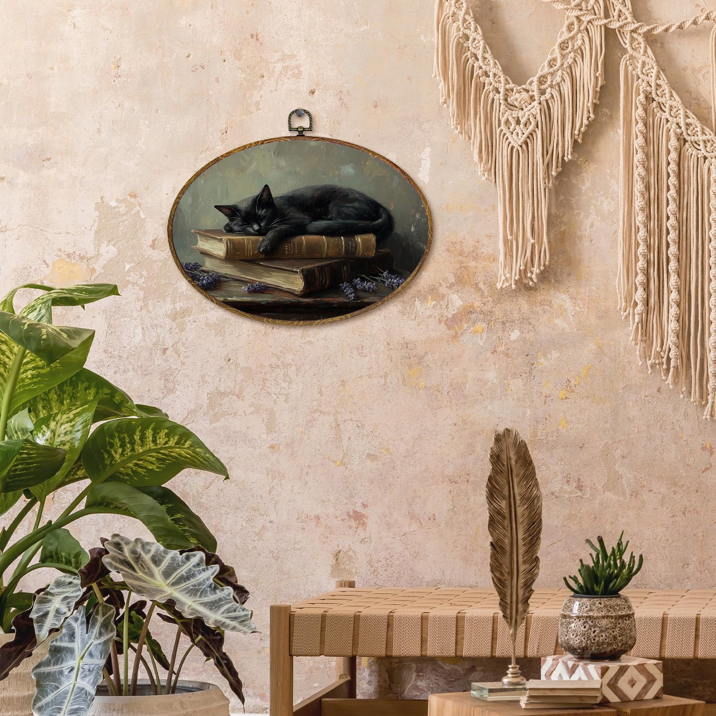 kdqua Dark Academia Black Cat Book Oval Wall Art Decor, Gothic Antique Bookish Canvas Artwork Framed, Moody Goth Witchy Cat Wall Hanging Decorations for Home Library Reading Room, 11.4x8.6 Inch