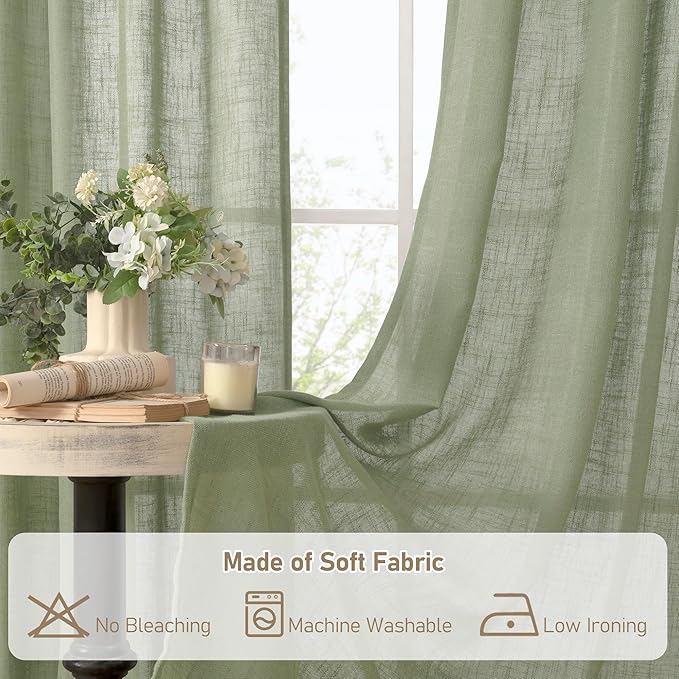 LAMIT Linen Semi Sheer Curtains 96 inches Long 2 Panels Set, Light Filtering Panels Back Tab and Rod Pocket Floor to Ceiling Curtains for Bedroom/Living Room, Sage Green, 52 x 96 Inch