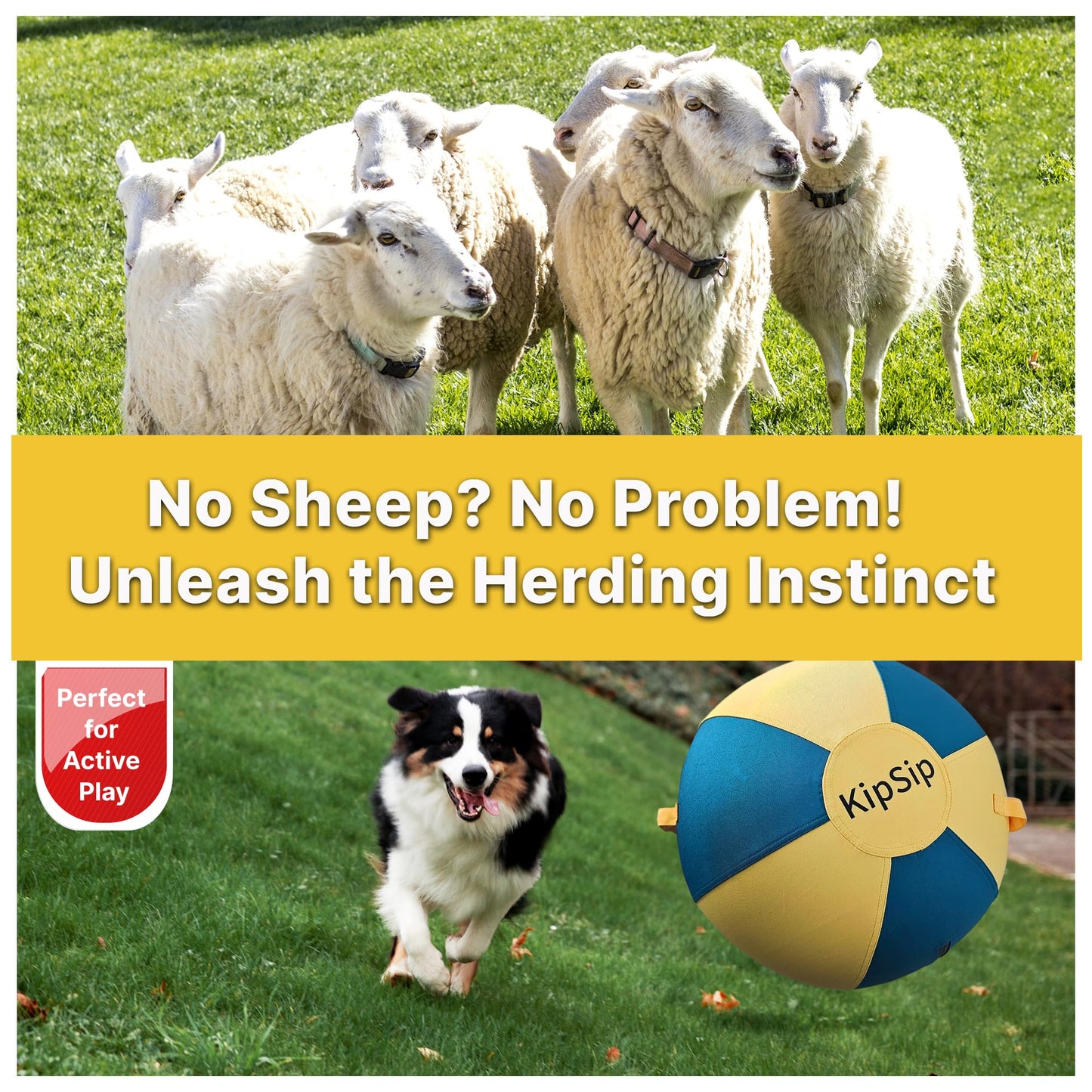 KipSip Herding Ball for Dogs – 18” Dog Training Ball with Handles for Medium & Large Breeds – Non-Chew Interactive Toy for Aussies, Heelers & Collies – Outdoor Exercise & Mental Stimulation Toy