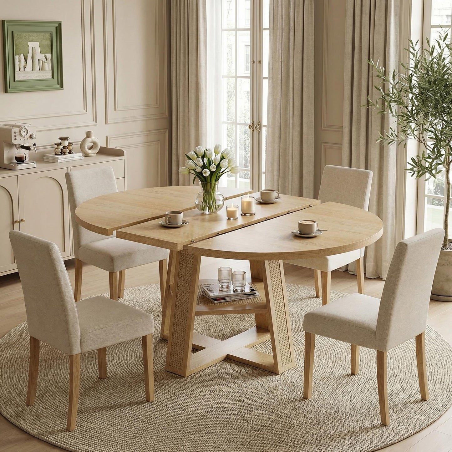 LIKIMIO 43"-59" Extendable Round Dining Table for 4-8, Transformer Oval Dining Room Table with Removable Leaves Space Saving, Wood Base Modern Kitchen Table with Storage Shelf for Living Room, Natural
