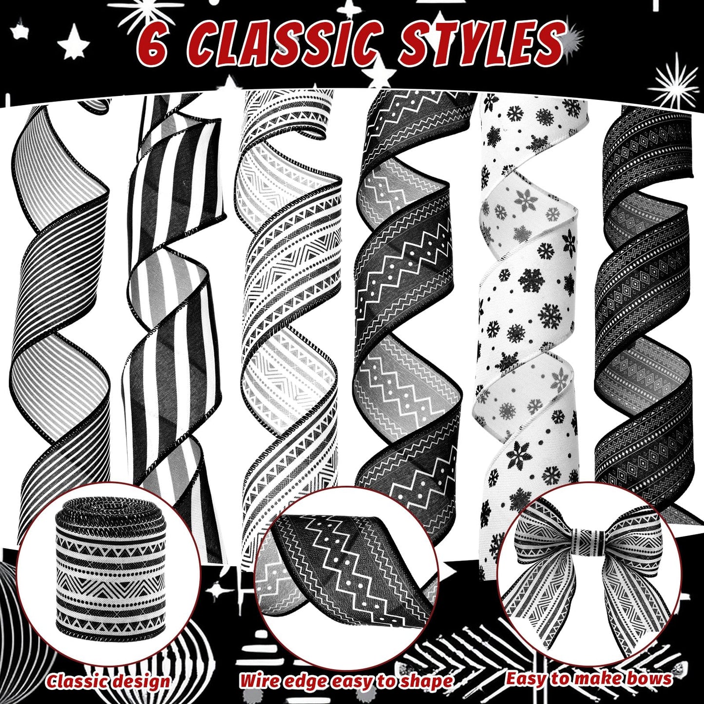Suncalla 6 Roll 30 Yards Black and White Ribbon Wired 2.5 Inch Boho Stripes Wired Ribbon for Wedding Gift Wrapping Wreaths DIY Hair Bows Decor Crafts